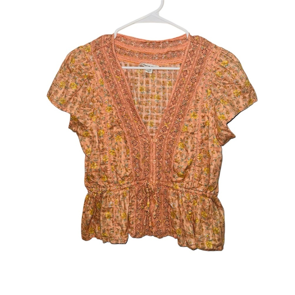 American Eagle Outfitters Peach Floral Peplum Bohemian Cottage Core Blouse